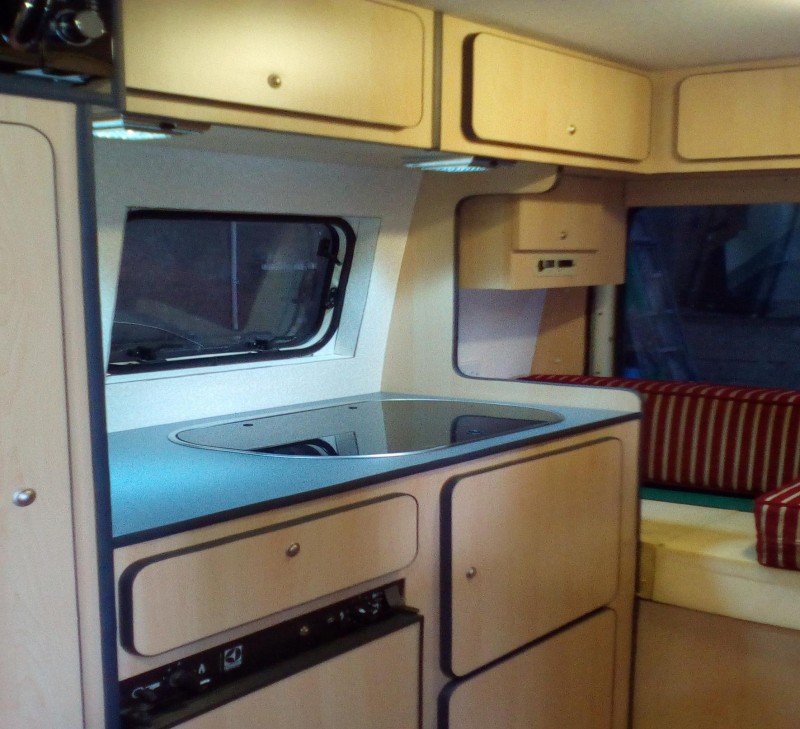 Kitchen area inside a  campervan conversion by Céide Campervan Conversions, Donegal,  Ireland